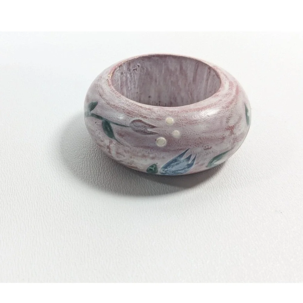 Vintage Hand Painted Wood Napkin Rings Set of 4 Pink Floral Philippines